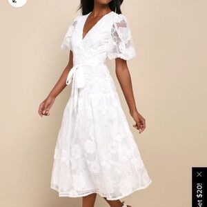 Blissful Charisma White Floral Lurex puff sleeve midi dress
